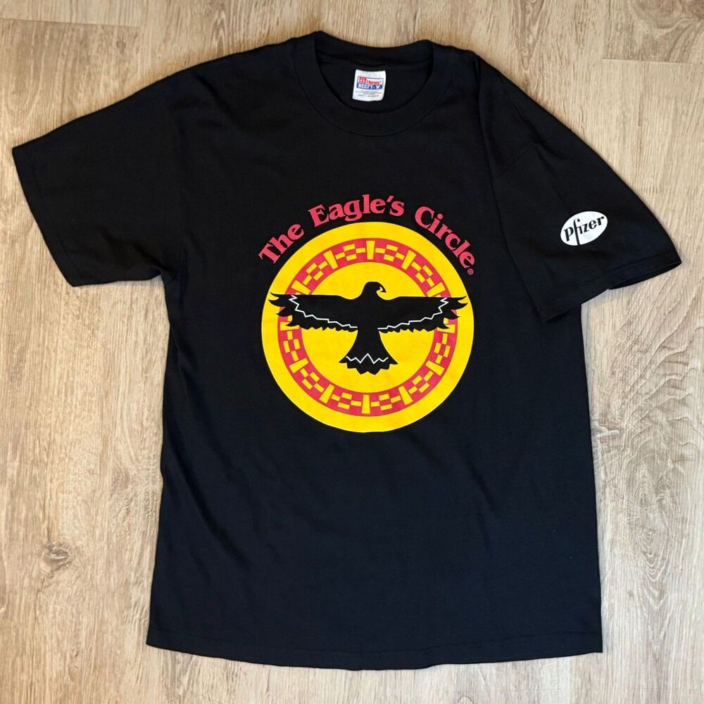 Hanes Beefy-T Graphic T-Shirt The Eagle’s Circle Pfizer Logo Black Large USA